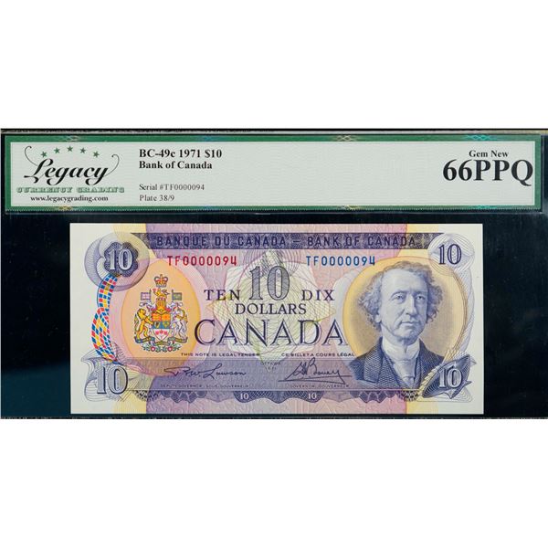Low Numbers; 1971 $10 BC-49c TF0000094-098, Lot of 5 consecutive notes, all Legacy Currency Grading 
