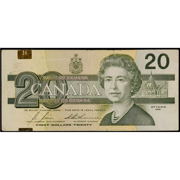 Error;  1991 $20 BC-58b-iE8-i #AWA0230359, CCGS Choice Fine-15.  Misplaced OSD.  Small Tears.