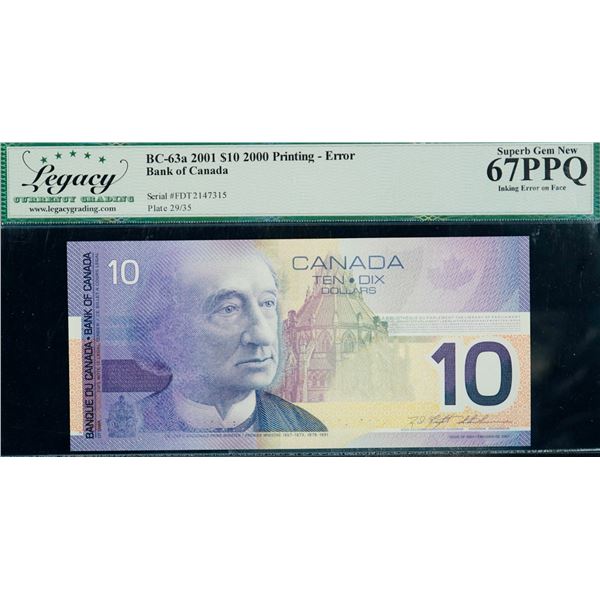 Error; 2001 $10 BC-63a #FDT2147315, Legacy Currency Grading Superb Gem Uncirculated-67PPQ. Incomplet