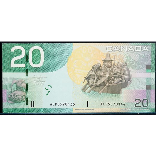 error; 2004 $20 BC-60a #ALP5570135/ALP5570144 VF-EF. "Two Mismatched digit numbers"