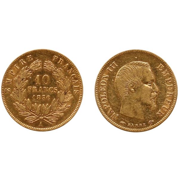 France; 1856 Gold 10 Francs "Napoleon III" #KM784,3 VF or better.