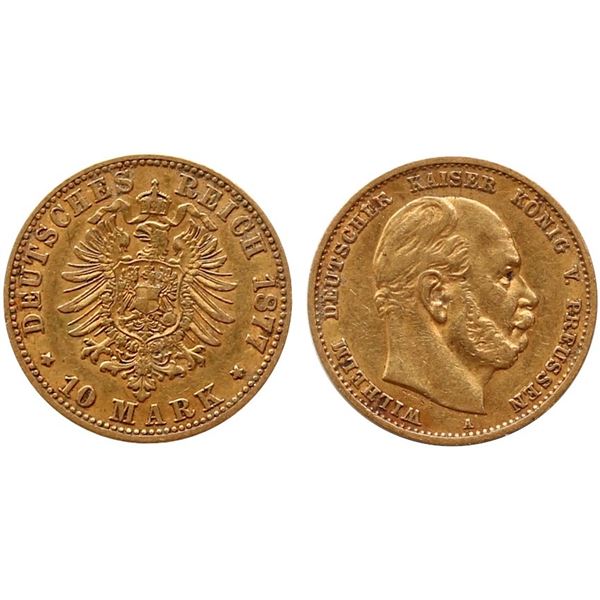 Germany; 1877 10 Marks "Wilhelm" @KM504 VF or better.