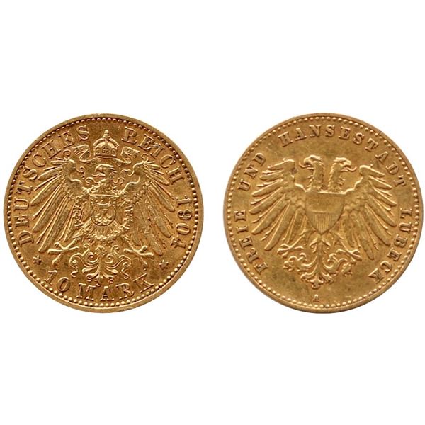 Germany; 1904 10 Marks  "Hansestadt Lubeck" @KM211 VF or better.