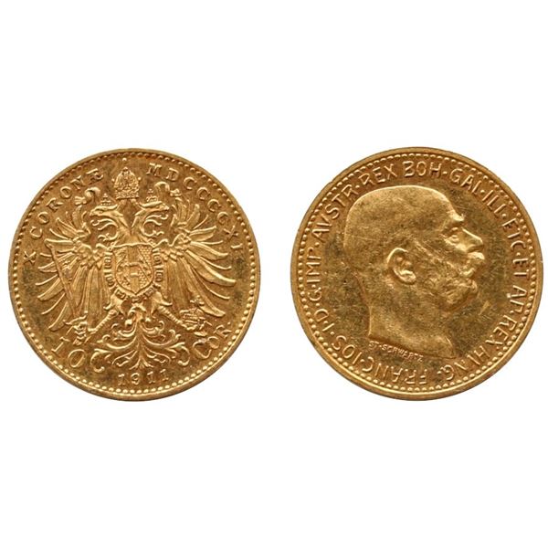 Germany; 1911 10 Corona  "Francois Joseph" @KM521 VF or better.