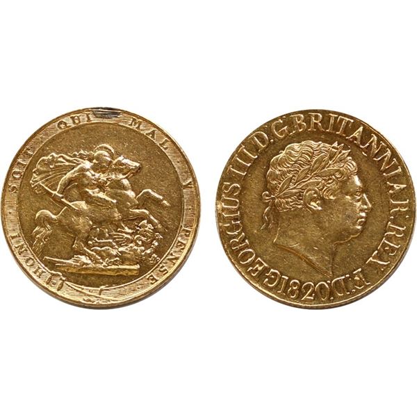 Great Britain Gold Sovereign 1820 EF, Old effigy. Previously mounted.