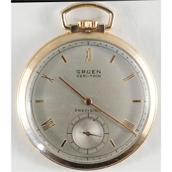 Vintage Pocket Watch;  Gruen Open Face Veri-Thin 10k Gold Filled Pocket Watch 17 Jewels.