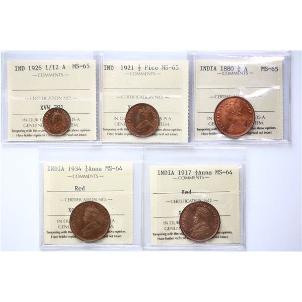 India;  Includes 1926 1/12, 1921 1/52, 1880 1/4, 1917 1/4, 1934 1/4.  Group of 5 Red copper pieces, 