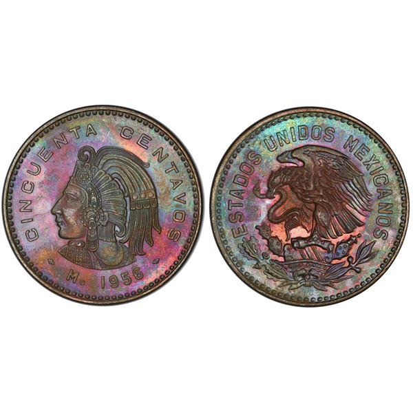 Mexico;  1956-Mo 50¢ PCGS MS63BN.    Fully lustrous brown issue.