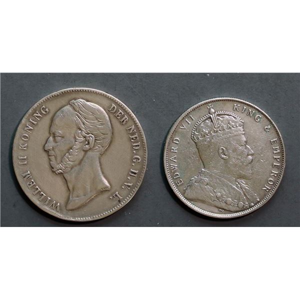 Straits Settlement 1907 $1 & Netherlands 1848 2 1/2 Gulden.  Lot if 2 nice issues VF and better.