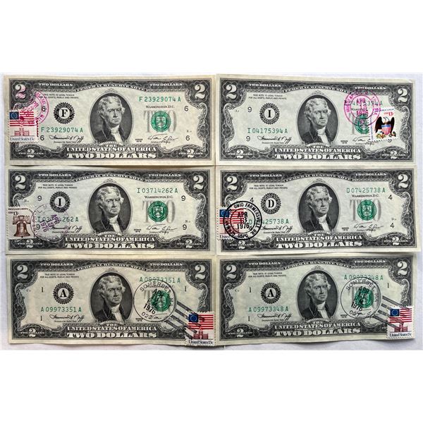 USA; 1976(6) $2 First Day Issue Stamped Serial.  Lot of 6 Notes.