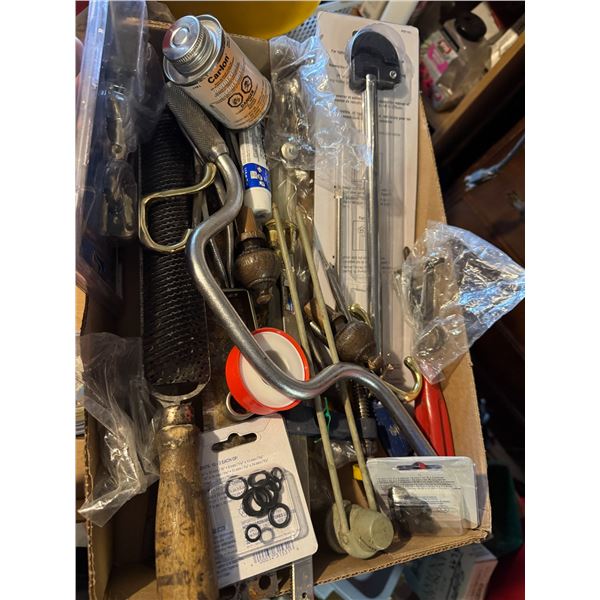 Garage items tools, basin, wrench, etc.