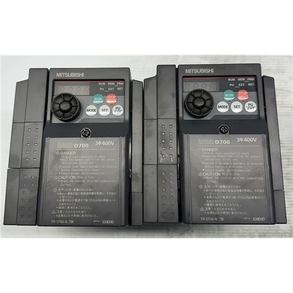 Lot of (2) Mitsubishi #FR-D740-0.4K & #FR-D740-0.75K Inverters