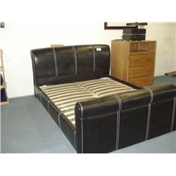 Black Leather Queen Bed C/w Head & Footboard And