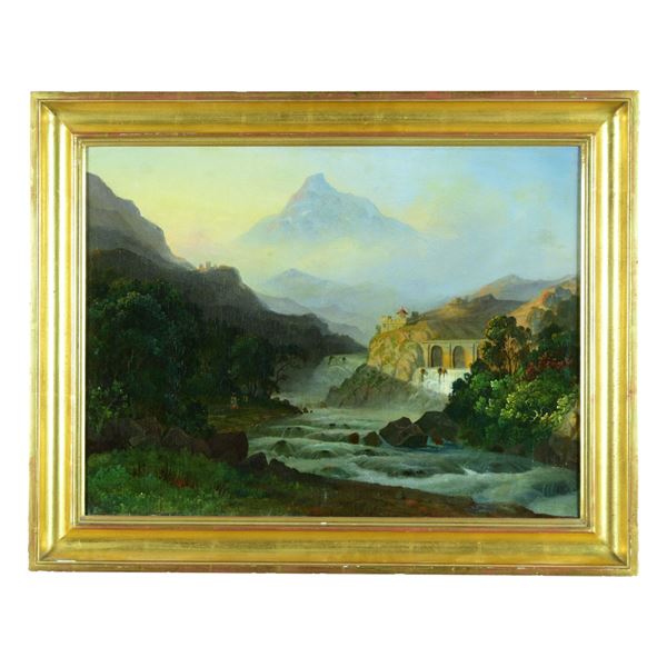 VIEW OF A CASTLE IN MOUTAIN LANDSCAPE.