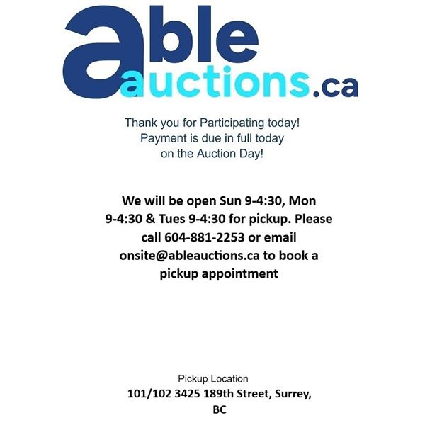 All items must be removed Sun May 4, Mon May 5, Tue May 6 9am - 4:30pm by appointment only