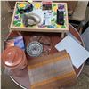 Image 1 : Water jug, place mats, glass dishes, darts, sun glasses, 3d glasses and misc