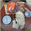 Image 1 : 8 books, blue ceramic bowl, beaver plush , clock, and mens XL sweater.