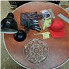 Image 1 : misc items, womens leather gloves, lamp no bulb, hat ,mini bat, glass dish and tap on fasteners
