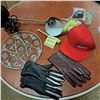 Image 2 : misc items, womens leather gloves, lamp no bulb, hat ,mini bat, glass dish and tap on fasteners