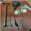 Image 1 : bicycle parts, pedel, 3 kick stands, tire pump, ski turner and 2 oar cradles