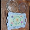 Image 1 : 2 glass pie dishes and plastic plater