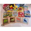 Image 2 : Lot of misc. Toddler toys: pop up tent, wooden train set, blocks, books, puzzles, wall art