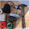 Image 2 : lot of various items, old hammer, tape, 2 small mufflers,and surge protector