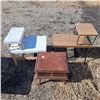Image 1 : 2 tier tables and 1 sewing box stool-brown table is 27"L by 14" long by 28"H, white table is 26"L by