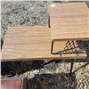 Image 3 : 2 tier tables and 1 sewing box stool-brown table is 27"L by 14" long by 28"H, white table is 26"L by