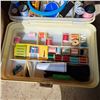 Image 3 : plastic sewing kit with stuff inside and sewing basket with items-basket is 21"L by 12" W by 20" H