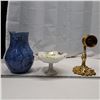 Image 1 : brass decoration, small serving dish and blue ceramic pitcher