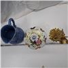 Image 2 : brass decoration, small serving dish and blue ceramic pitcher