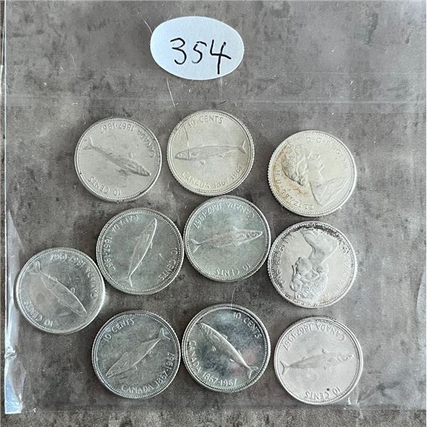 354 – Lot of 10 silver dimes from 1967.