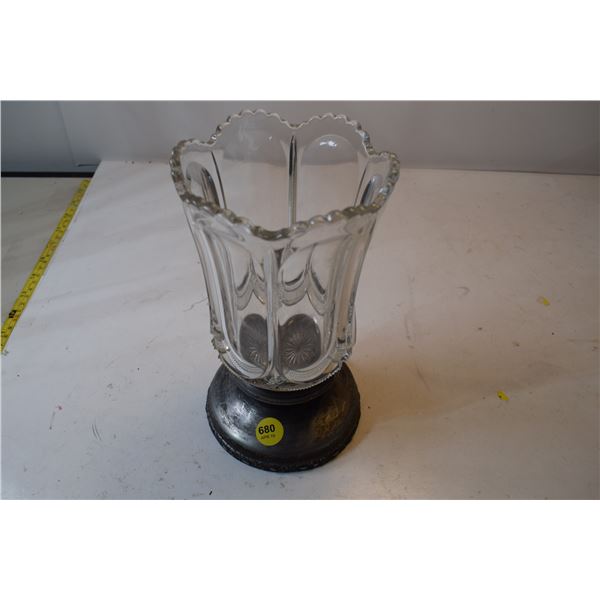 heavy pressed glass, silver plate vase