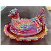Image 1 : Mosser Red Carnival Glass Hen on Nest 6 1/2" L x 5 1/2" W x 4 3/4" Tall