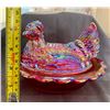 Image 3 : Mosser Red Carnival Glass Hen on Nest 6 1/2" L x 5 1/2" W x 4 3/4" Tall