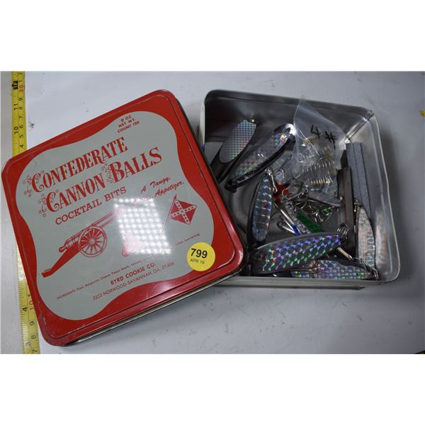 Unused fishing lures in confederate tin