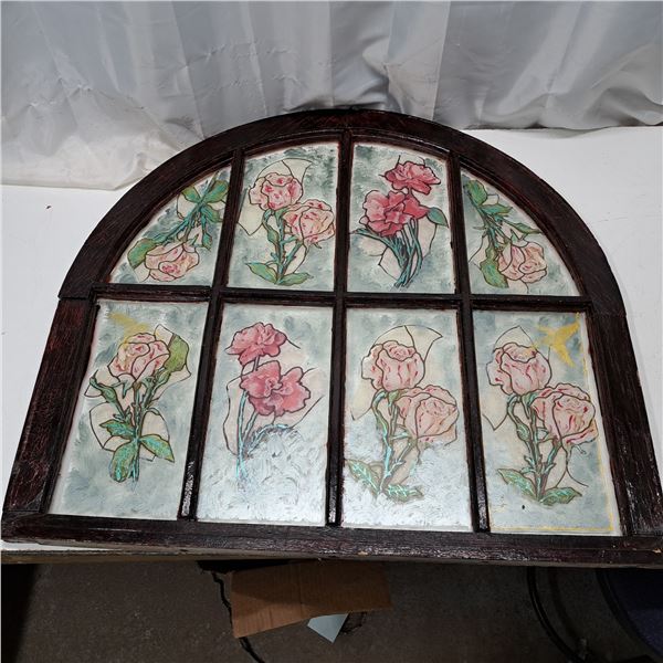 plastic stained window with stained frame 31.25" tall by 34" wide
