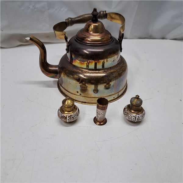 metal teapot with salt and pepper shakers, and toothpick holder