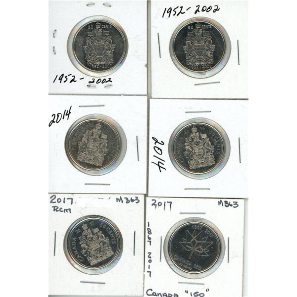 (2) 2002, (2) 2014 and (2) 2017 Canadian 50 Cents Coin.