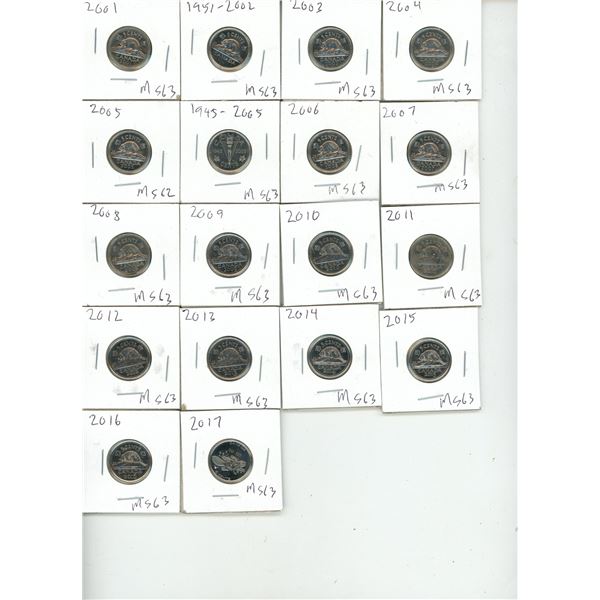 2001-2017 Canadian Five Cents Coin and Different World War II Coins 1939-1945.