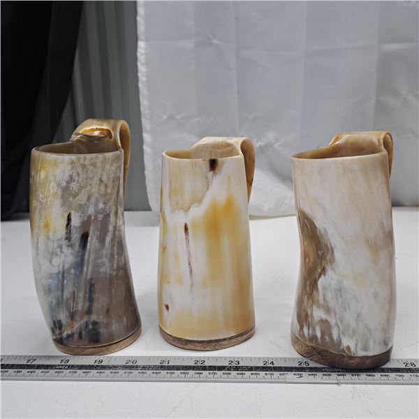 3 white and brown horn mugs-6.5" tall