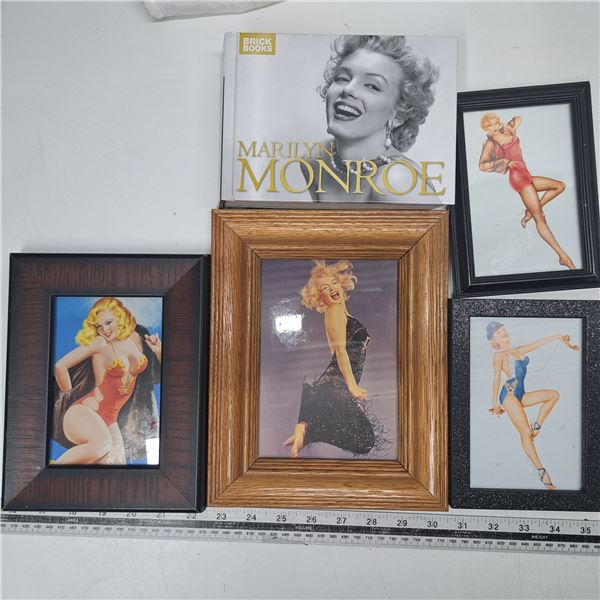 3 pin up girs in frames, 1 marilyn monroe picture and book