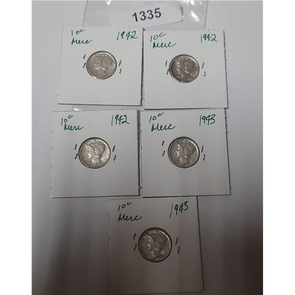 5 – US SILVER MERCURY DIMES 3-1942, 2-43 ALL UNC