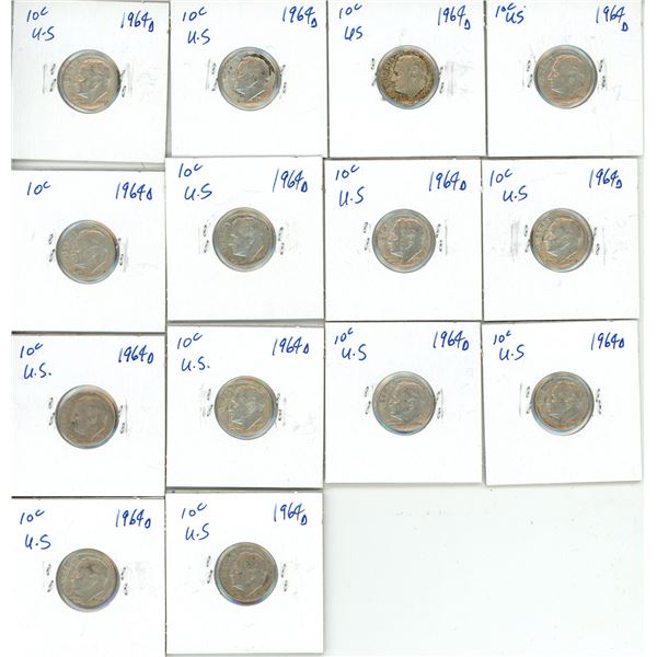 14 – 1964D ROOSEVELT US SILVER DIMES ALL UNC