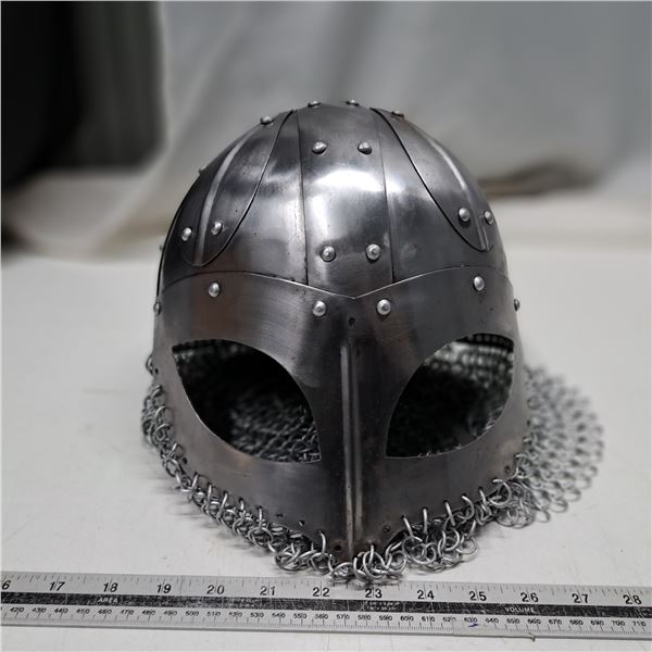 roman era metal helmet with plastic chainmail prop