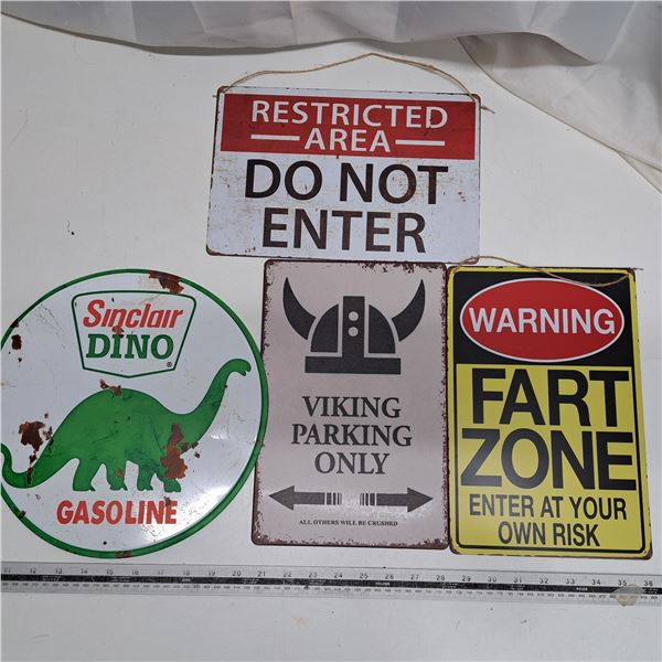 4 metal signs, sinclair dino, fart zone, don’t enter, viking parking