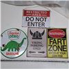 Image 1 : 4 metal signs, sinclair dino, fart zone, don’t enter, viking parking