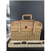 Image 1 : Wicker lunch pail / picnic basket, with locking handles for carrying. About 9-10 inches long.