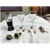 Image 1 : Two crystal wine glasses + wine accessories: an aerator, 2 stoppers (1 pewter) + 6 glass identifiers